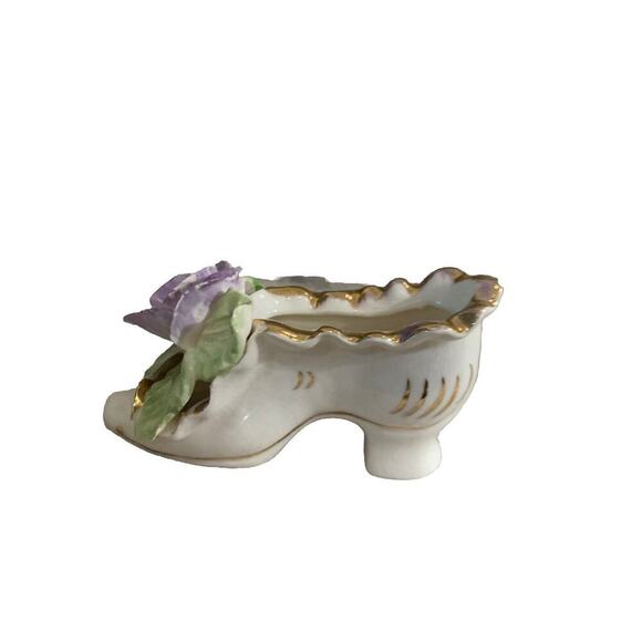 Purple Rose Shoe ceramic Figurine Hand Made TET China Clay Green Leaf Vintage - Picture 8 of 11